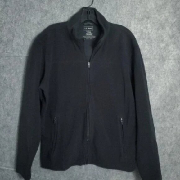 LL Bean Jacket Mens Charcoal Black Fleece Full-Zip Lightweight Zip Pockets Large - Picture 1 of 12